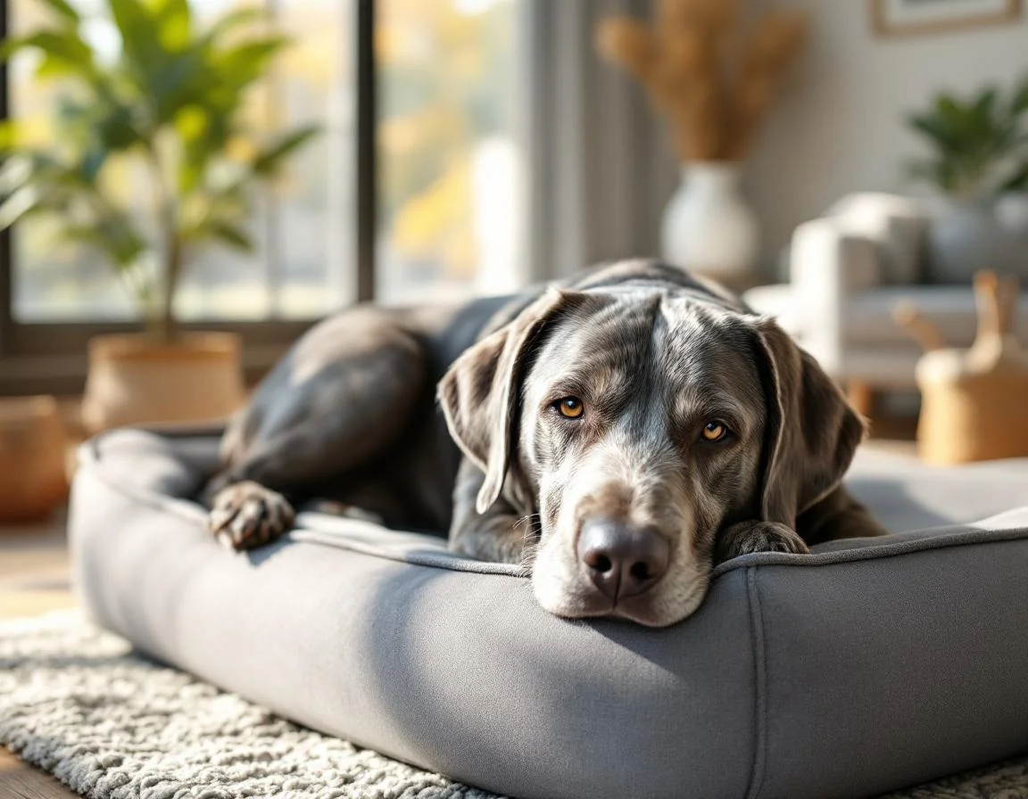 A senior labrador with a gray muzzle resting on a gray orthopedic dog bed in a sunny living room